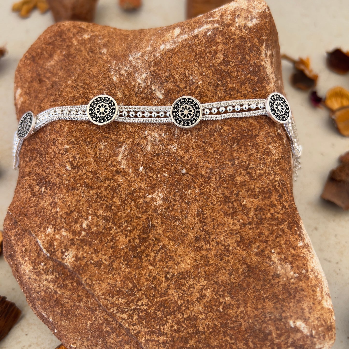 Handmade Sterling Silver Bracelet – Beaded Ottoman Floral Rosette – Adjustable 925 Silver Women’s Jewelry – Anatolian Protective Charm