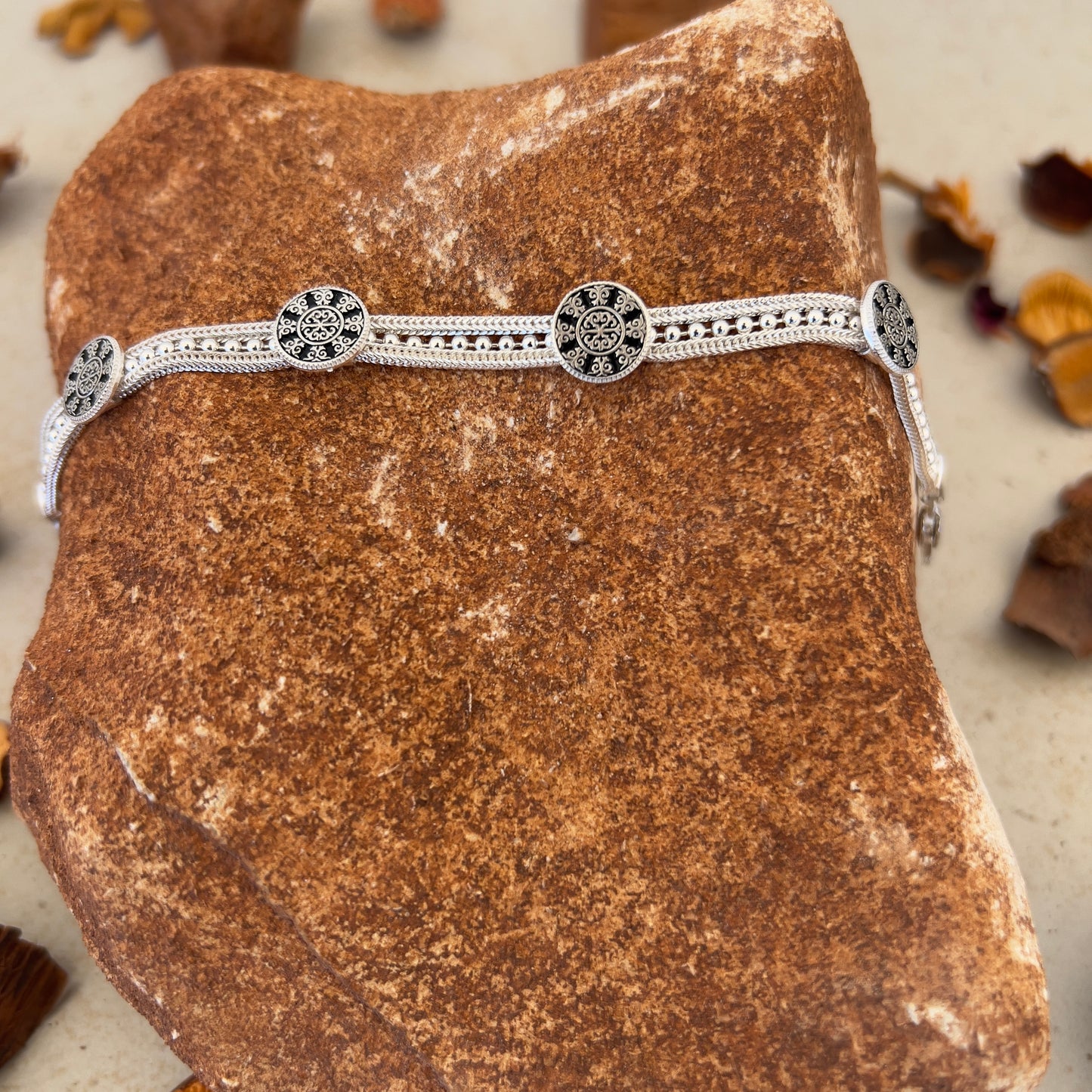 Handmade Sterling Silver Bracelet – Beaded Seljuk Spiral Motif – Adjustable 925 Silver Women’s Jewelry – Ottoman-Inspired Ornamental Design
