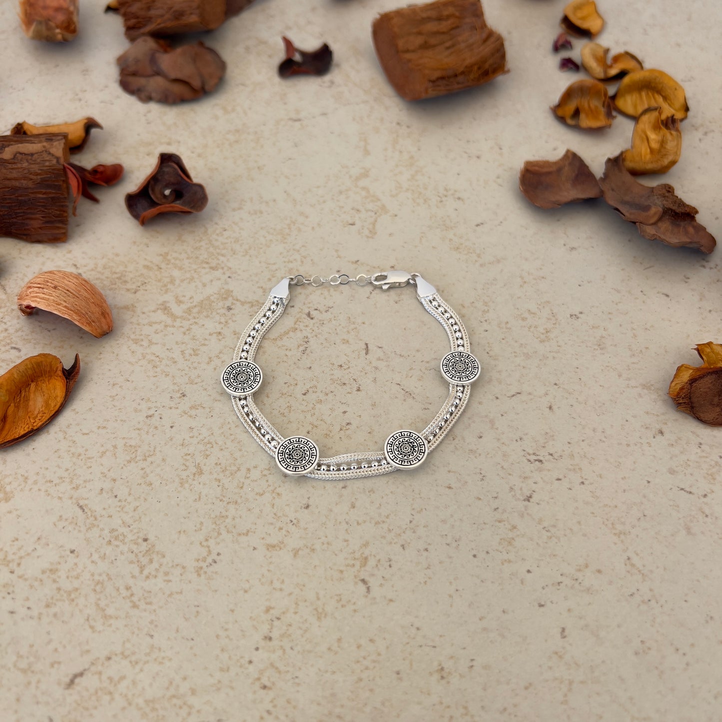 Handmade Sterling Silver Bracelet – Beaded Eternal Sun Motif – Adjustable 925 Silver Women’s Jewelry – Ancient Protection & Infinity Design