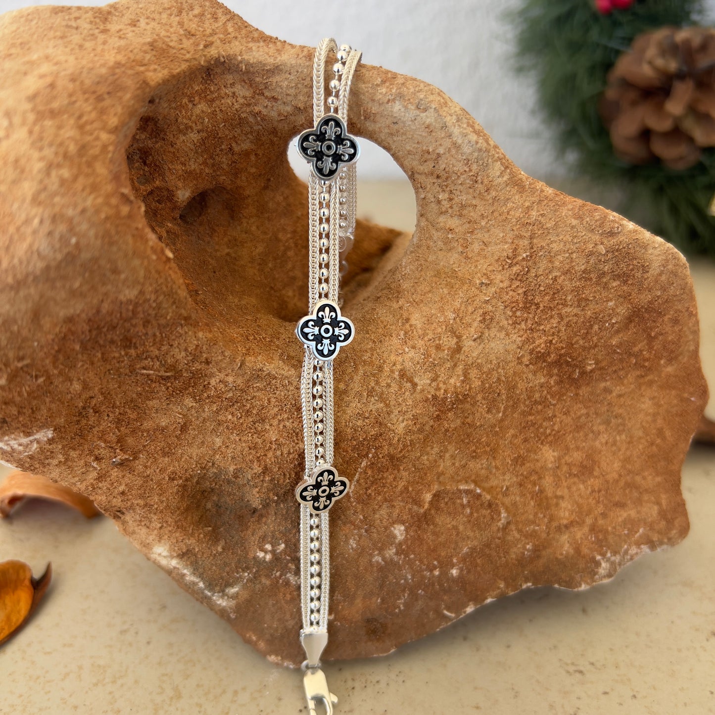 Handmade Sterling Silver Bracelet – Beaded Clover Motif – Adjustable 925 Silver Women’s Jewelry – Symbol of Balance & Luck