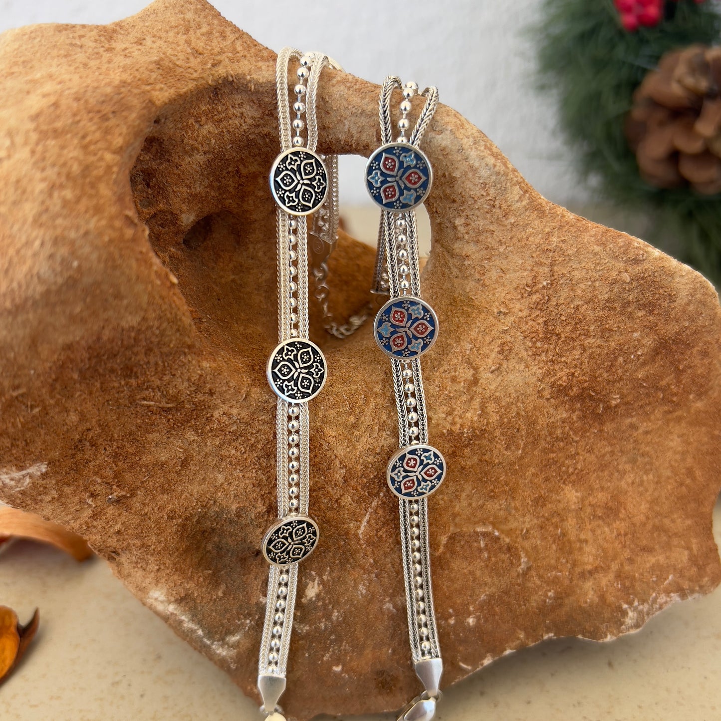 Handmade Sterling Silver Bracelet – Beaded Triple Floral Design – Adjustable 925 Silver Women’s Jewelry – Mesopotamian Motif Charm