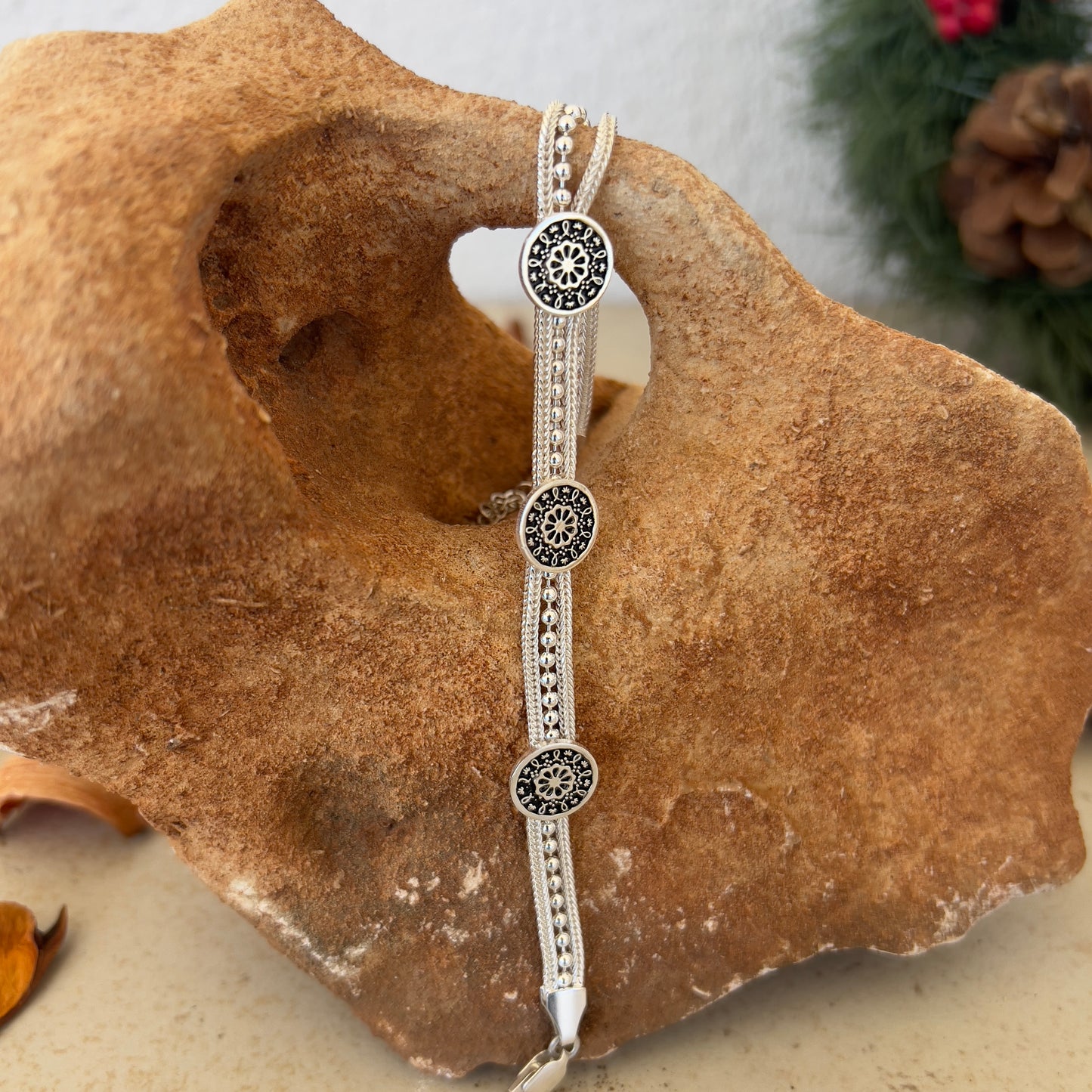 Handmade Sterling Silver Bracelet – Beaded Ottoman Floral Rosette – Adjustable 925 Silver Women’s Jewelry – Anatolian Protective Charm