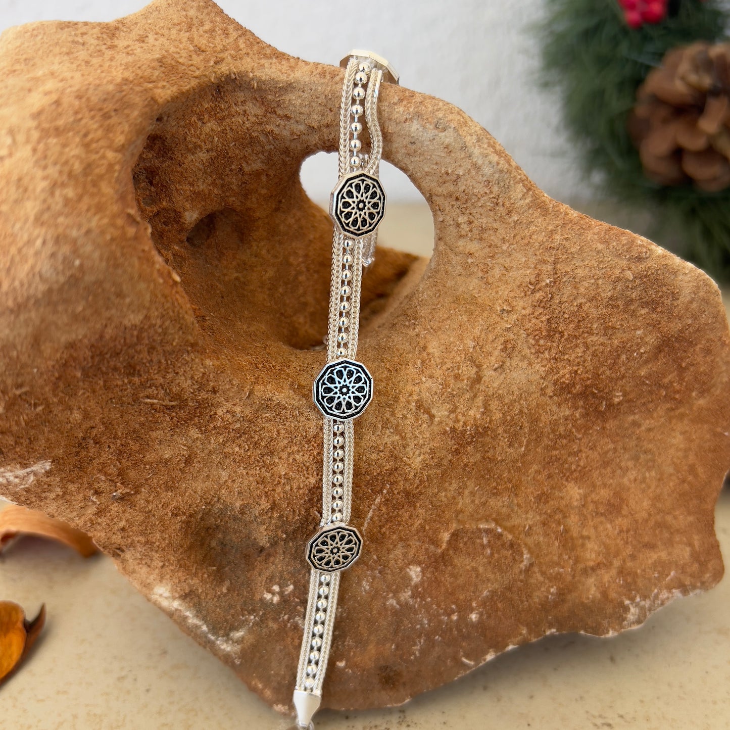 Handmade Sterling Silver Bracelet – Beaded Ten-Petal Harmony Motif – Adjustable 925 Silver Women’s Jewelry – Anatolian Floral Symbol