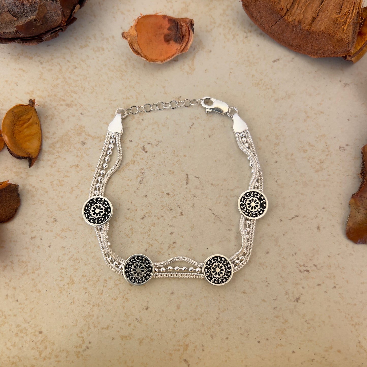 Handmade Sterling Silver Bracelet – Beaded Ottoman Floral Rosette – Adjustable 925 Silver Women’s Jewelry – Anatolian Protective Charm