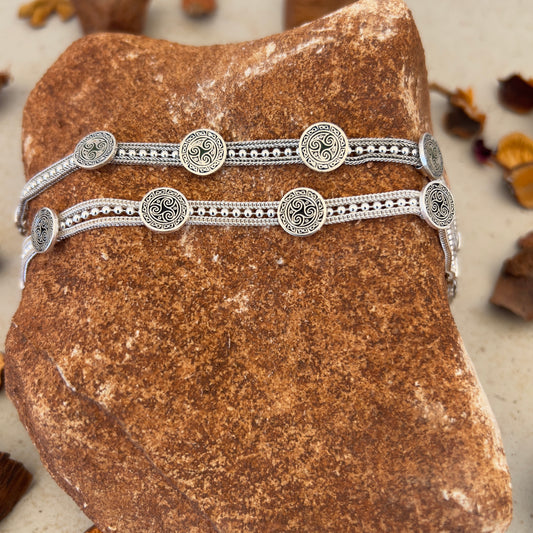 Handmade Sterling Silver Bracelet – Beaded Triskelion of Air Motif – Adjustable 925 Silver Women’s Jewelry – Ancient Spiral Energy Symbol