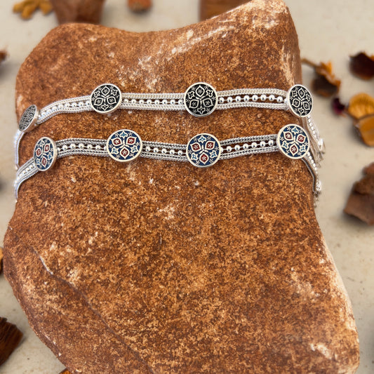 Handmade Sterling Silver Bracelet – Beaded Triple Floral Design – Adjustable 925 Silver Women’s Jewelry – Mesopotamian Motif Charm