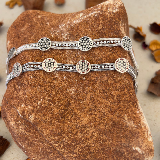 Handmade Sterling Silver Bracelet – Beaded Helm Motif – Adjustable 925 Silver Women’s Jewelry – Sacred Geometry Symbol