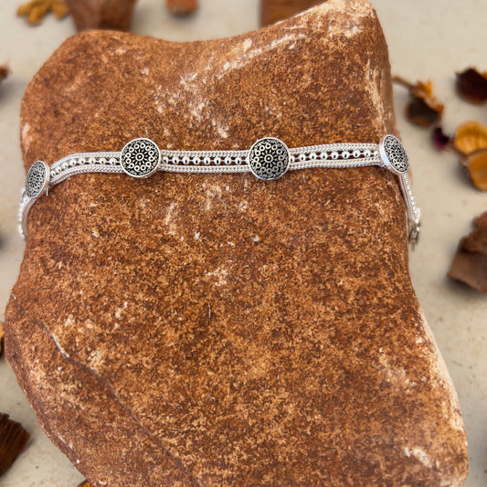 Handmade Sterling Silver Bracelet – Beaded Solar Star Motif – Adjustable 925 Silver Women’s Jewelry – Celestial Symbol Charm