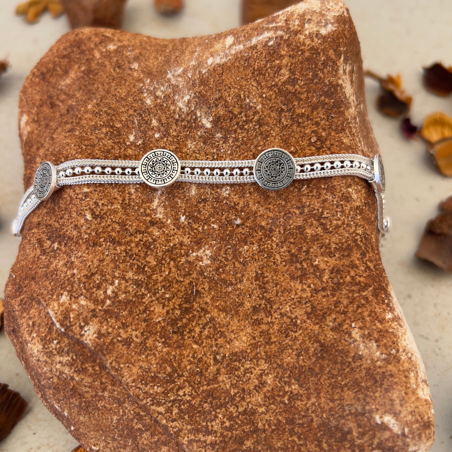 Handmade Sterling Silver Bracelet – Beaded Eternal Sun Motif – Adjustable 925 Silver Women’s Jewelry – Ancient Protection & Infinity Design