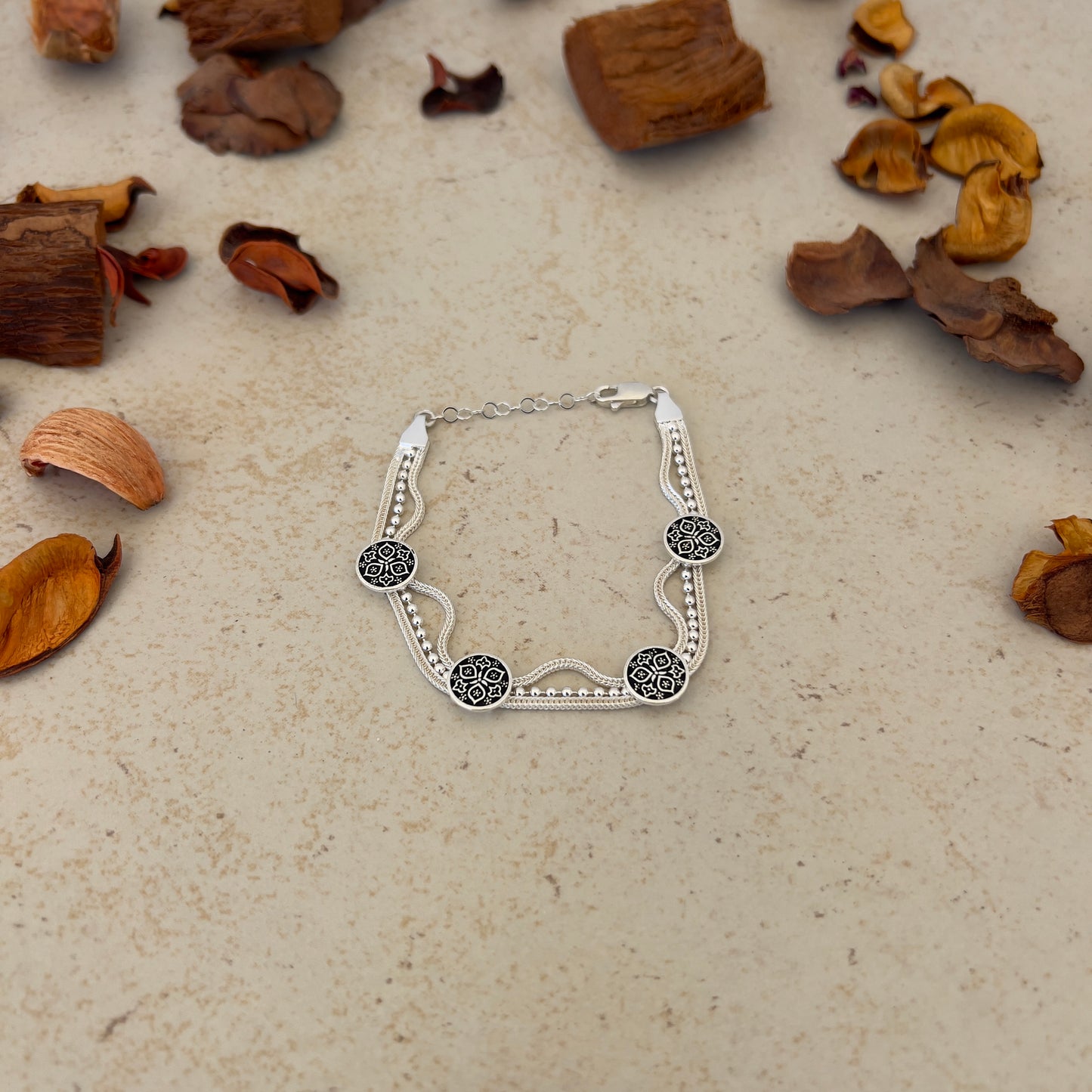 Handmade Sterling Silver Bracelet – Beaded Triple Floral Design – Adjustable 925 Silver Women’s Jewelry – Mesopotamian Motif Charm