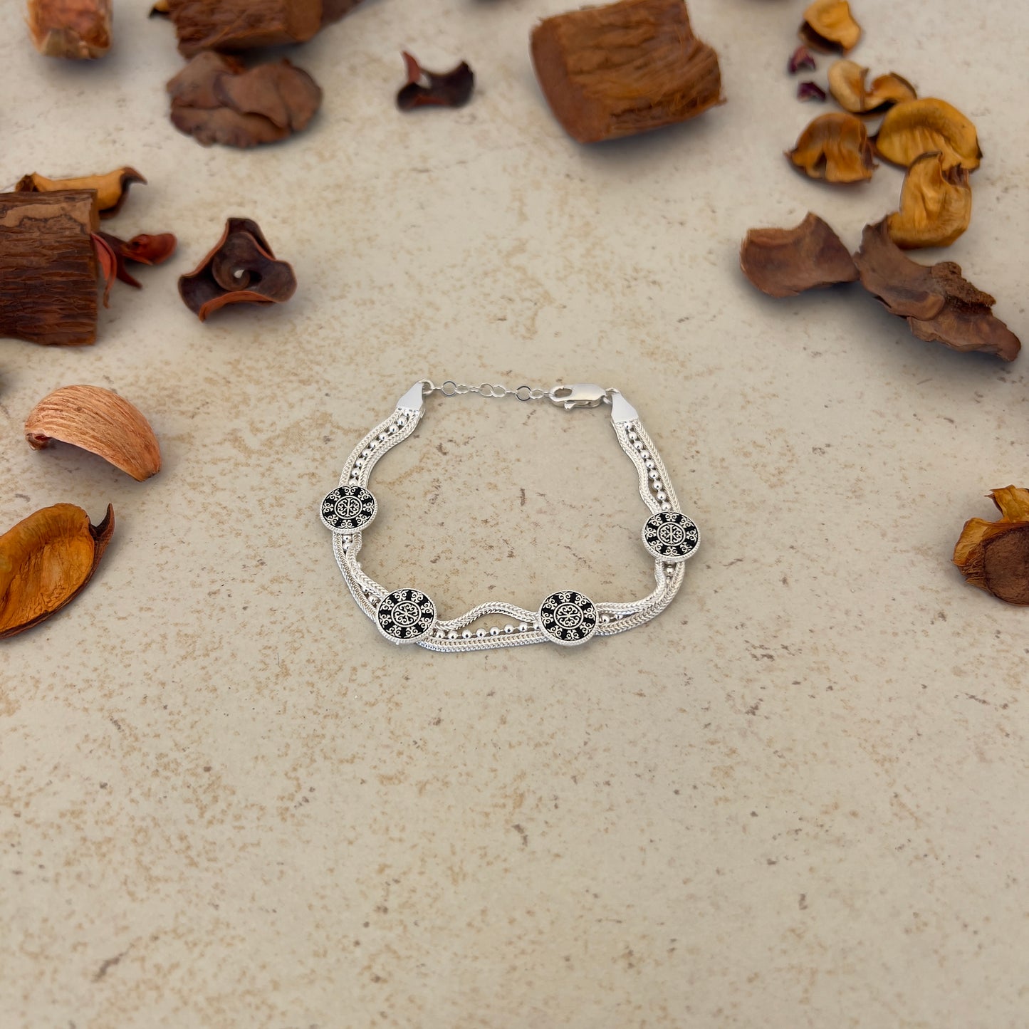 Handmade Sterling Silver Bracelet – Beaded Seljuk Spiral Motif – Adjustable 925 Silver Women’s Jewelry – Ottoman-Inspired Ornamental Design