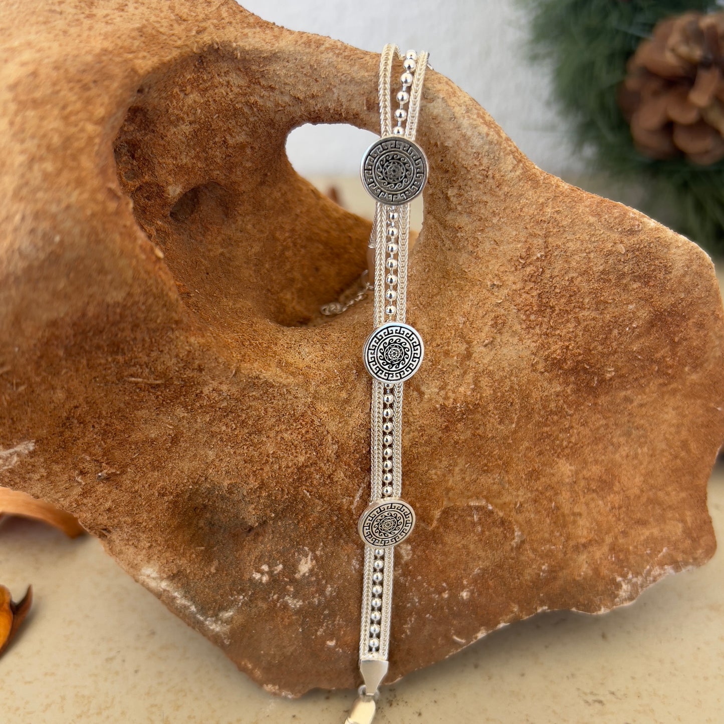 Handmade Sterling Silver Bracelet – Beaded Eternal Sun Motif – Adjustable 925 Silver Women’s Jewelry – Ancient Protection & Infinity Design