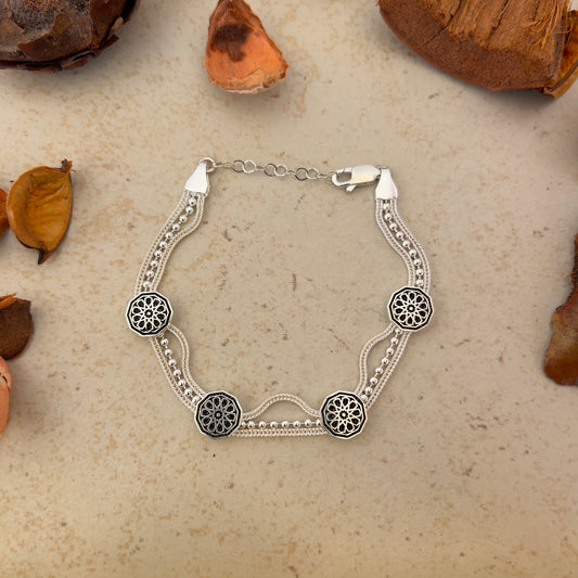 Handmade Sterling Silver Bracelet – Beaded Ten-Petal Harmony Motif – Adjustable 925 Silver Women’s Jewelry – Anatolian Floral Symbol