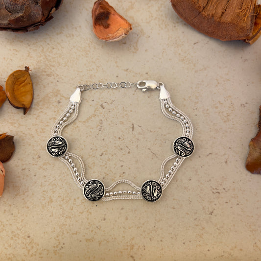 Handmade Sterling Silver Bracelet – Beaded Tulip Motif – Adjustable 925 Silver Women’s Jewelry – Ottoman Floral Symbol