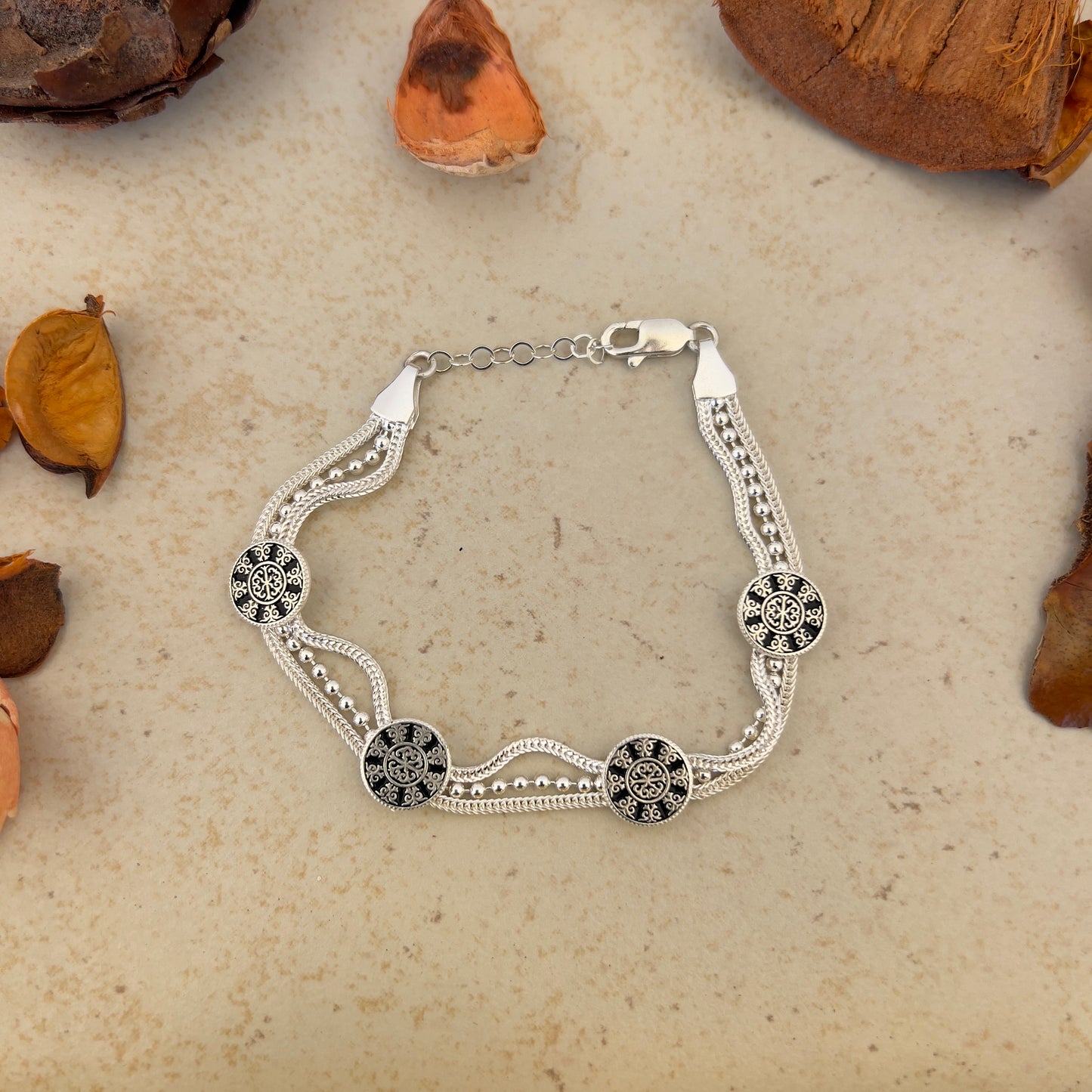 Handmade Sterling Silver Bracelet – Beaded Seljuk Spiral Motif – Adjustable 925 Silver Women’s Jewelry – Ottoman-Inspired Ornamental Design