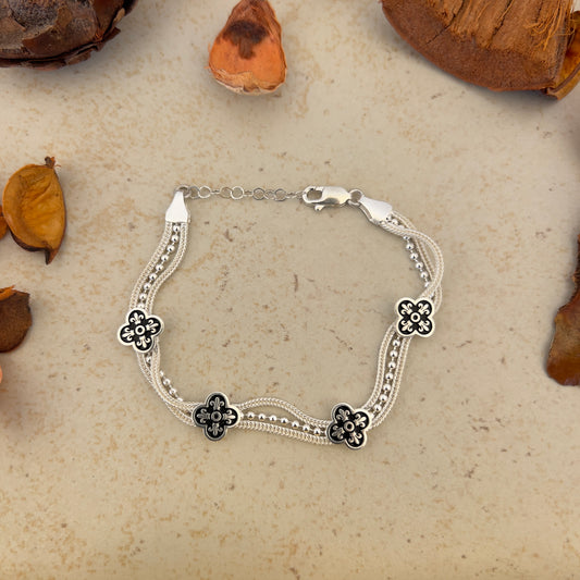Handmade Sterling Silver Bracelet – Beaded Clover Motif – Adjustable 925 Silver Women’s Jewelry – Symbol of Balance & Luck