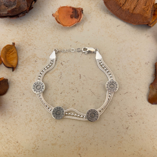 Handmade Sterling Silver Bracelet – Beaded Eternal Sun Motif – Adjustable 925 Silver Women’s Jewelry – Ancient Protection & Infinity Design