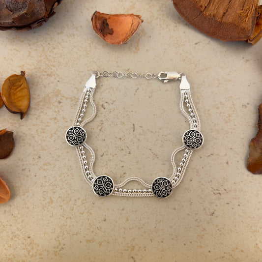 Handmade Sterling Silver Bracelet – Beaded Triple Floral Design – Adjustable 925 Silver Women’s Jewelry – Mesopotamian Motif Charm